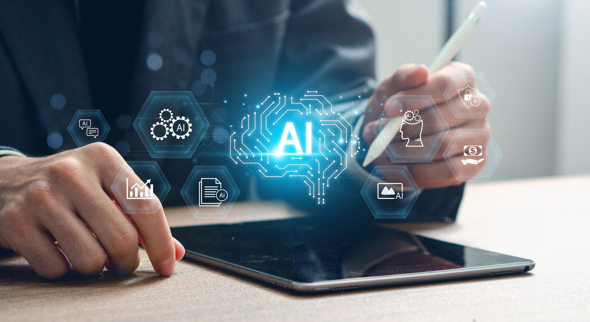 Businessman uses artificial intelligence technology to automate data analysis, action, dashboard reports with sales charts and business insights. Education, Data Analysis, Sales, Content Creation